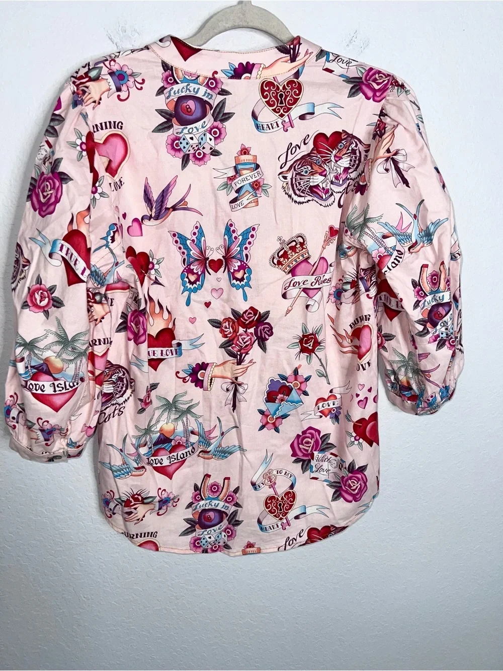 Ivy Jane True Love Top Women’s Small Tattoo Hearts Floral Shirt Blouse USA I_3